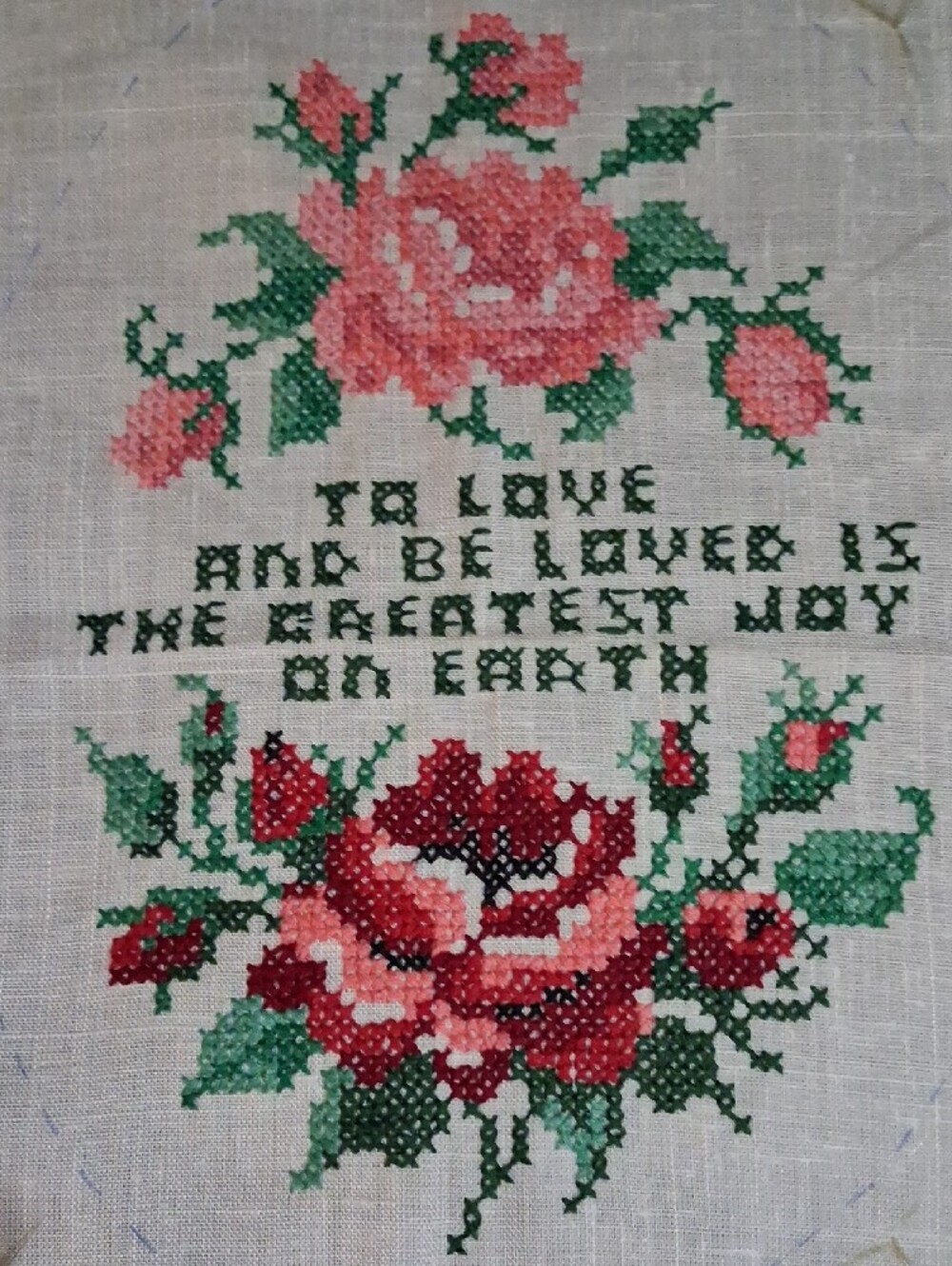 Handstitched Pink Rose Cross Stitch Wall Decor - Picture 2 of 2
